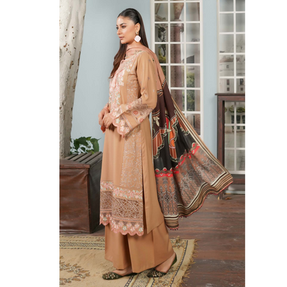 (Tan Peach) Heavy Embroidered Dhanak Ready to Wear Dress - MUNIRA