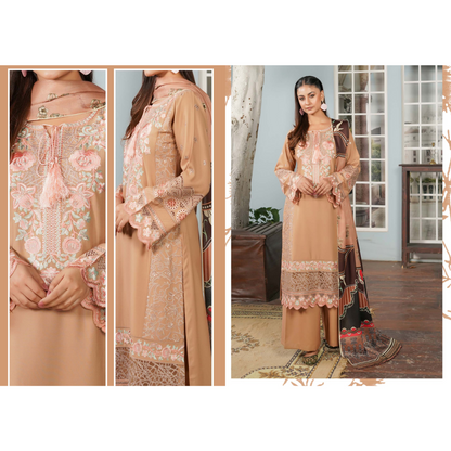 (Tan Peach) Heavy Embroidered Dhanak Ready to Wear Dress - MUNIRA