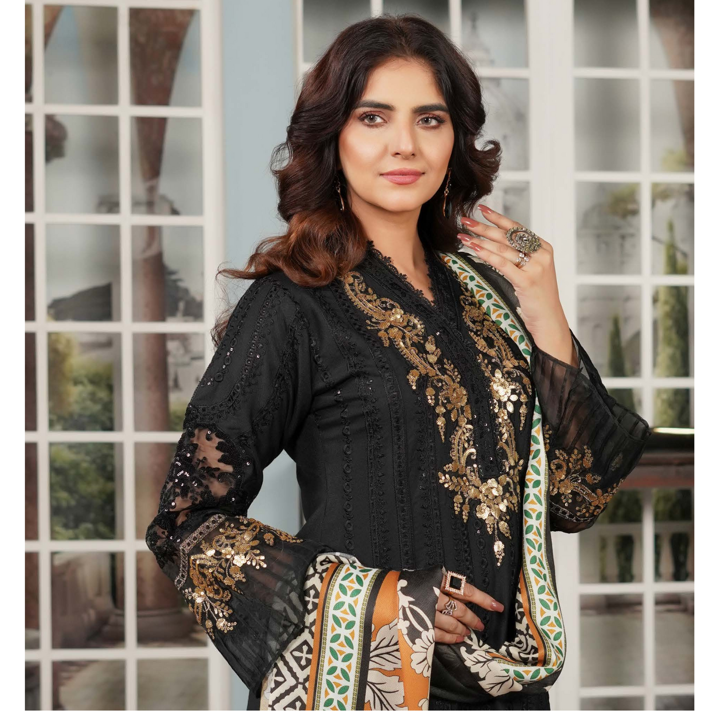 (black) Heavy Embroidered Dhanak Ready to Wear Dress - MUNIRA