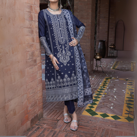 (Blue) Embroidered Linen 3 Pc Ready to Wear by Casuallite