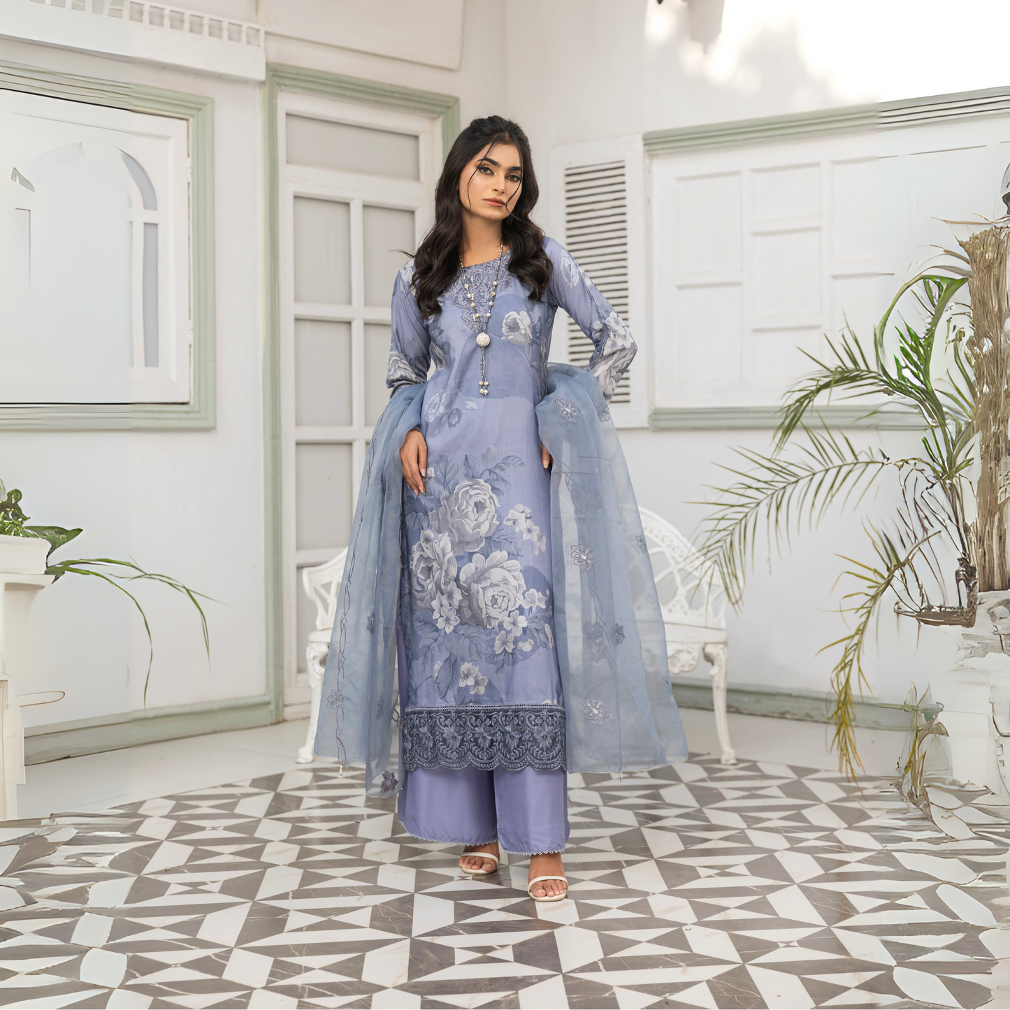 UMS-08 Floral Printed Embroidered Linen | 3 Pc | Ready-to-wear Dress - Simrans