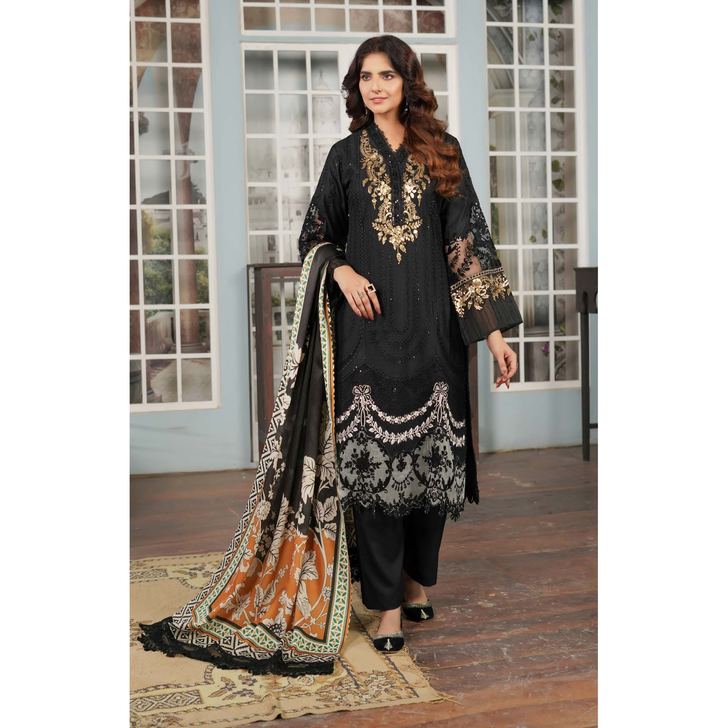 (black) Heavy Embroidered Dhanak Ready to Wear Dress - MUNIRA