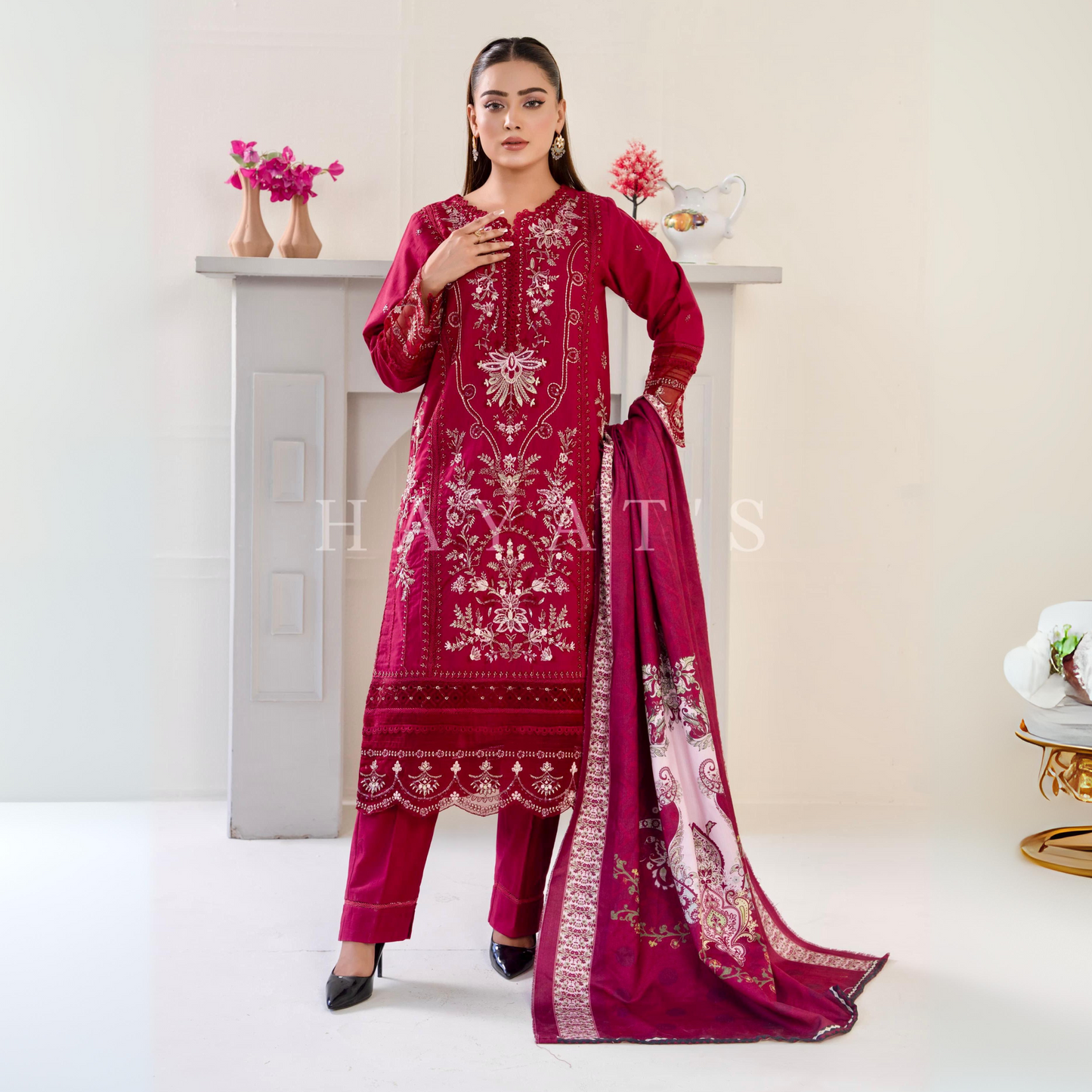 (Wine Red) 3 Pc Embroidered Khaddar Collection with Shawl | Ready to wear| Hayats