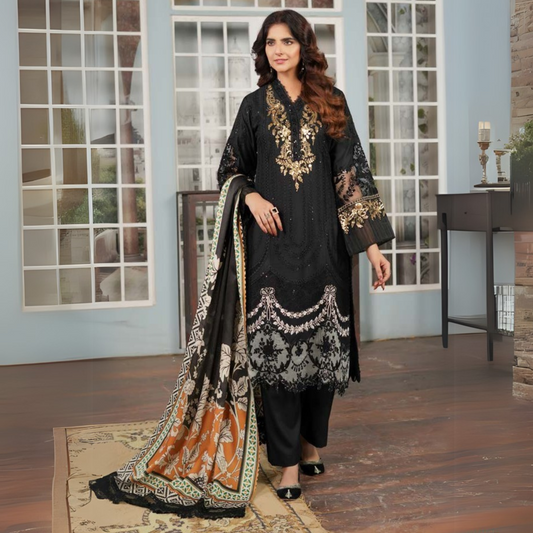 (black) Heavy Embroidered Dhanak Ready to Wear Dress - MUNIRA