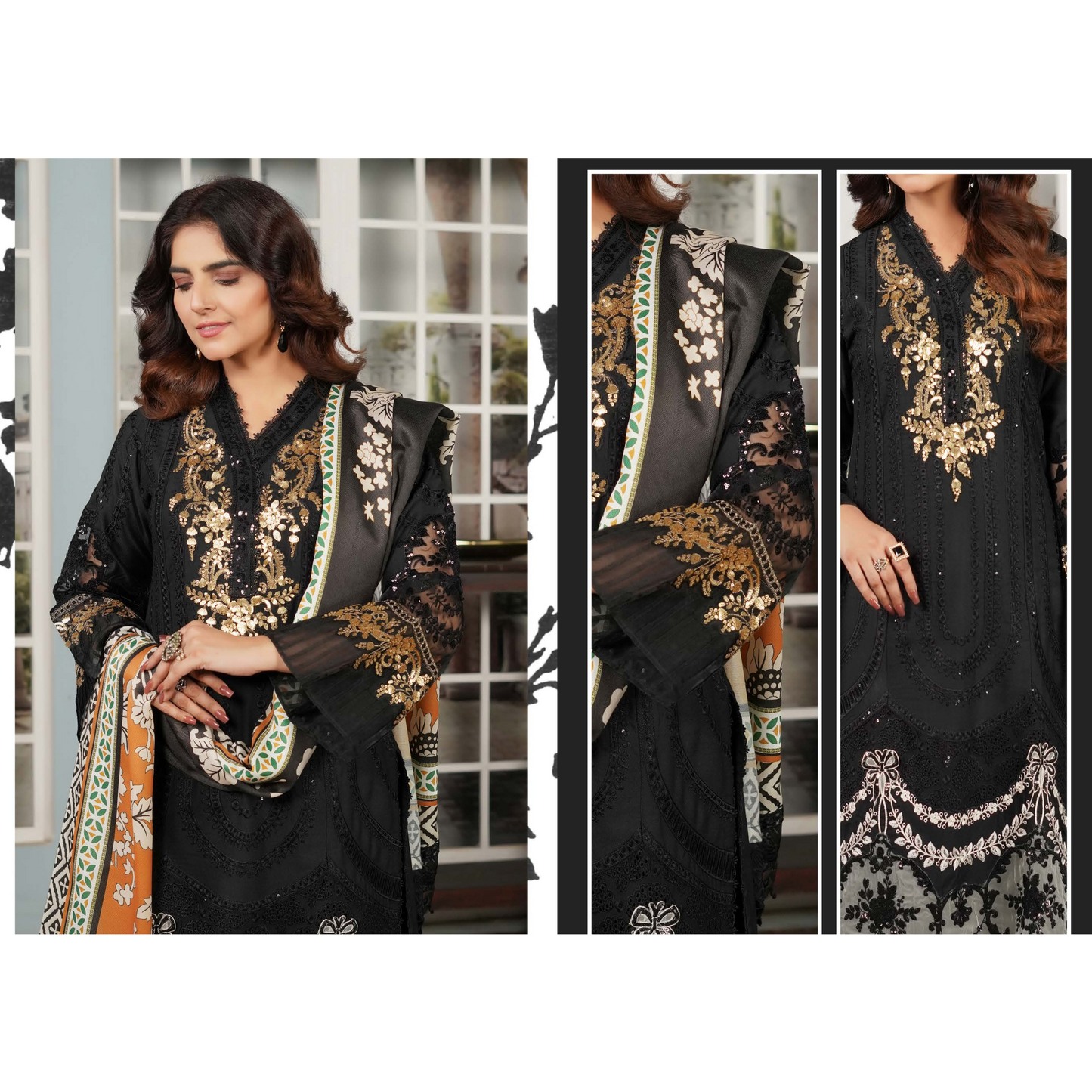 (black) Heavy Embroidered Dhanak Ready to Wear Dress - MUNIRA