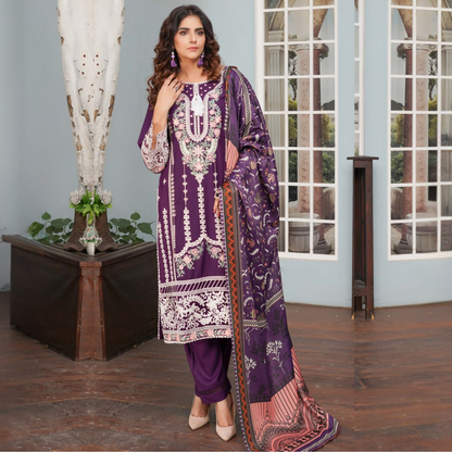 (PLUM) Heavy Embroidered Dhanak Ready to Wear Dress - MUNIRA