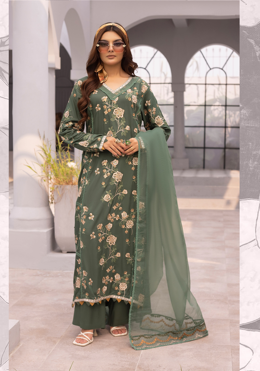 (Green) 3 Pc Embroidered Linen Dress - Simrans