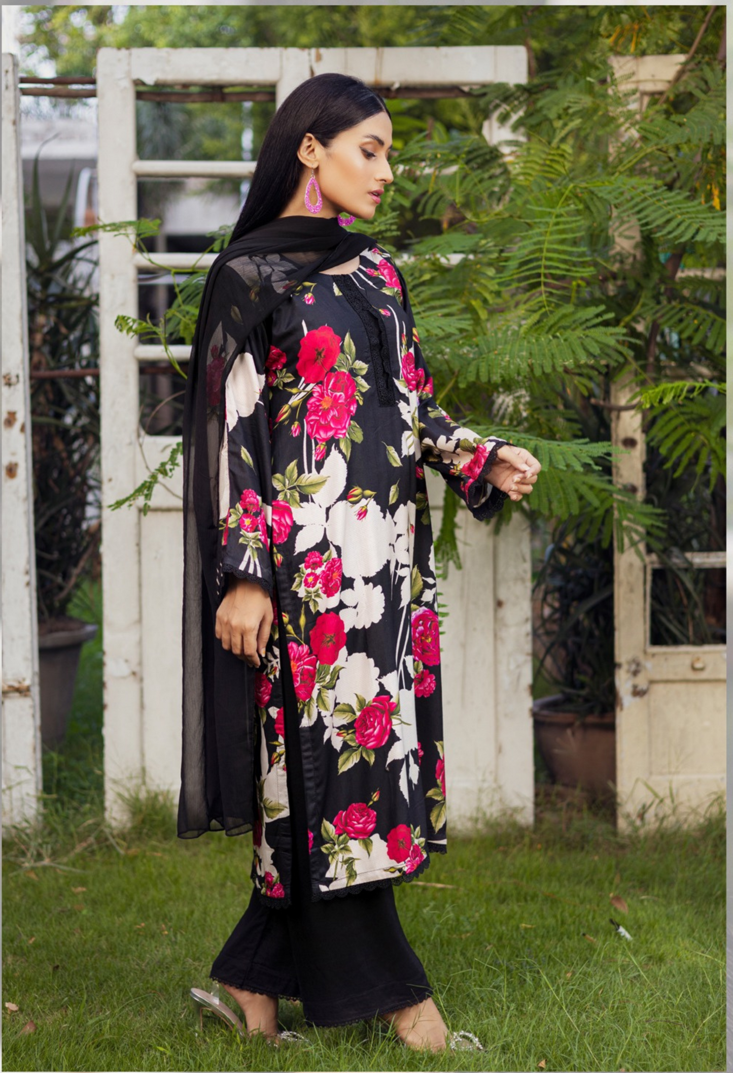 Black | Printed Linen Salwar Kameez With Chiffon Dupatta| Ready to Wear 3 Pc dress - Rangz