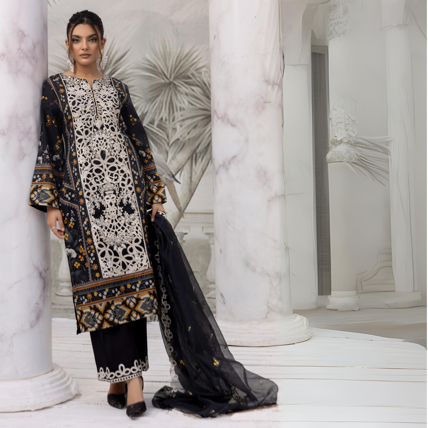 (Black) 3 Pc Digital Printed Embroidered Khaddar Collection | Winter Wear | SIMRANS