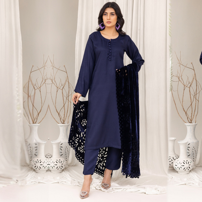 (Navy Blue) 3 Pc Dhanak Dress with Laser Velvet Shawl | Winter Collection | Rangz | UMRGZ3506