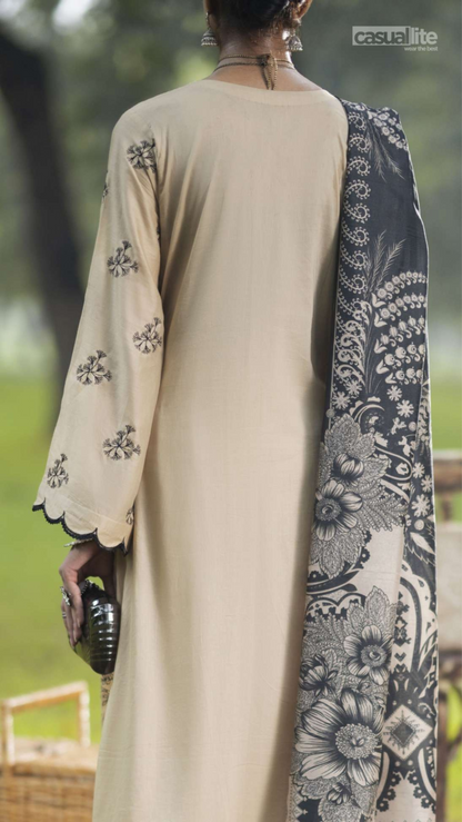 Beige | Embroidered Linen | 3 Pc | Ready to Wear | Casuallite