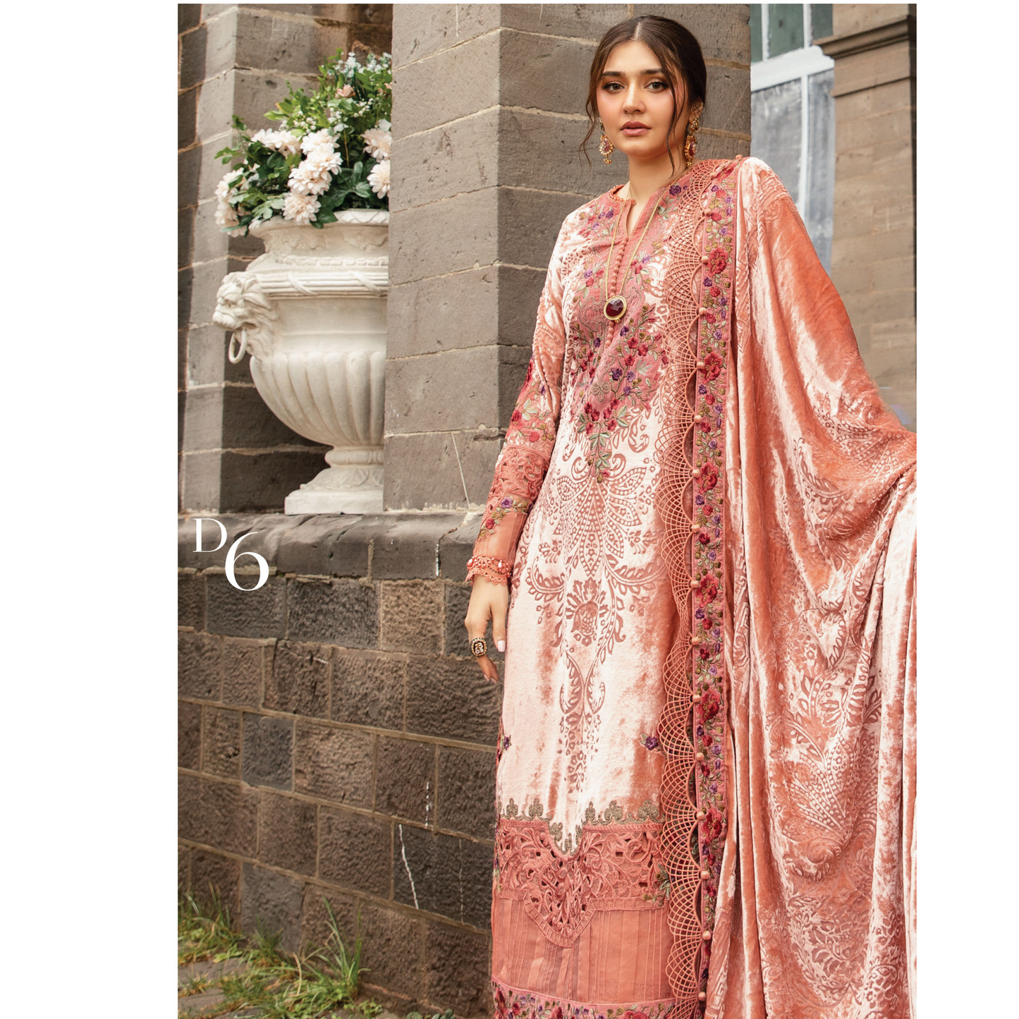 (Peach Pink) Embroidered Luxury Palachi Dress | 3 Pc | Winter Collection | MARIA.B