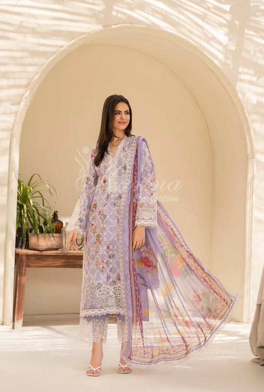 (Lilac) Printed Chikenkari Cotton Lawn 3 Pc - Karma Collection