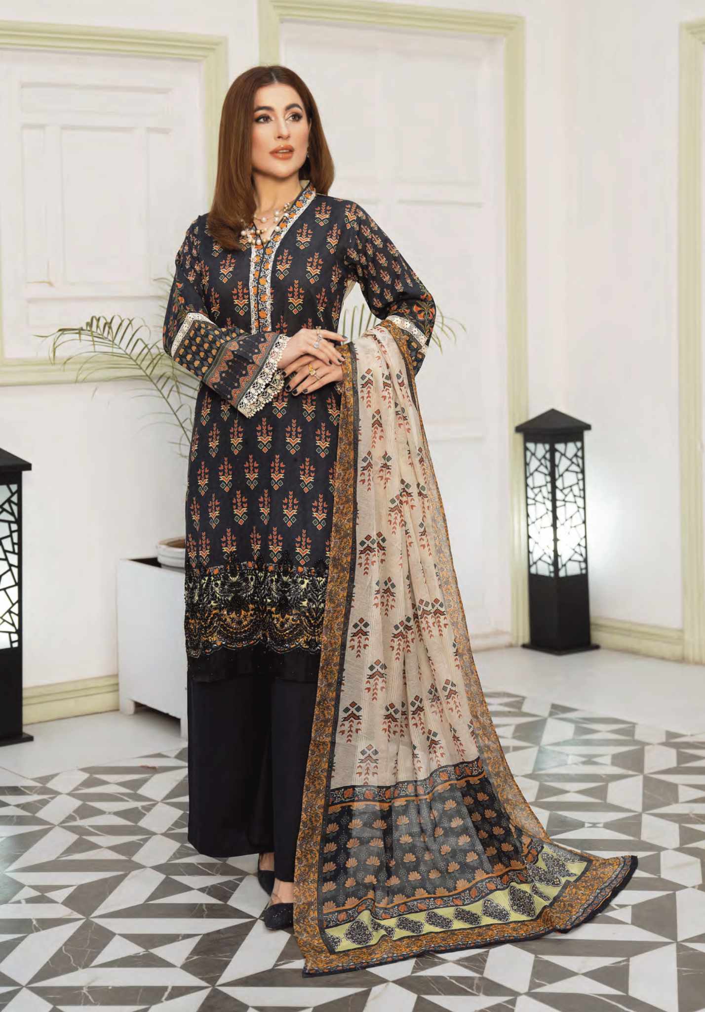 MSL02-3 Pc Digital Printed Embroidered Airjet Lawn Suit - MUNIRA