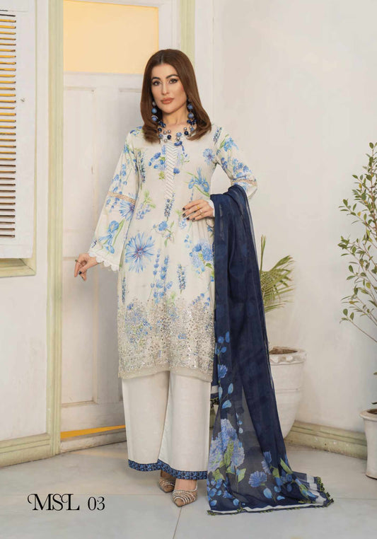 MSL03-3 Pc Digital Printed Embroidered Airjet Lawn Suit - MUNIRA