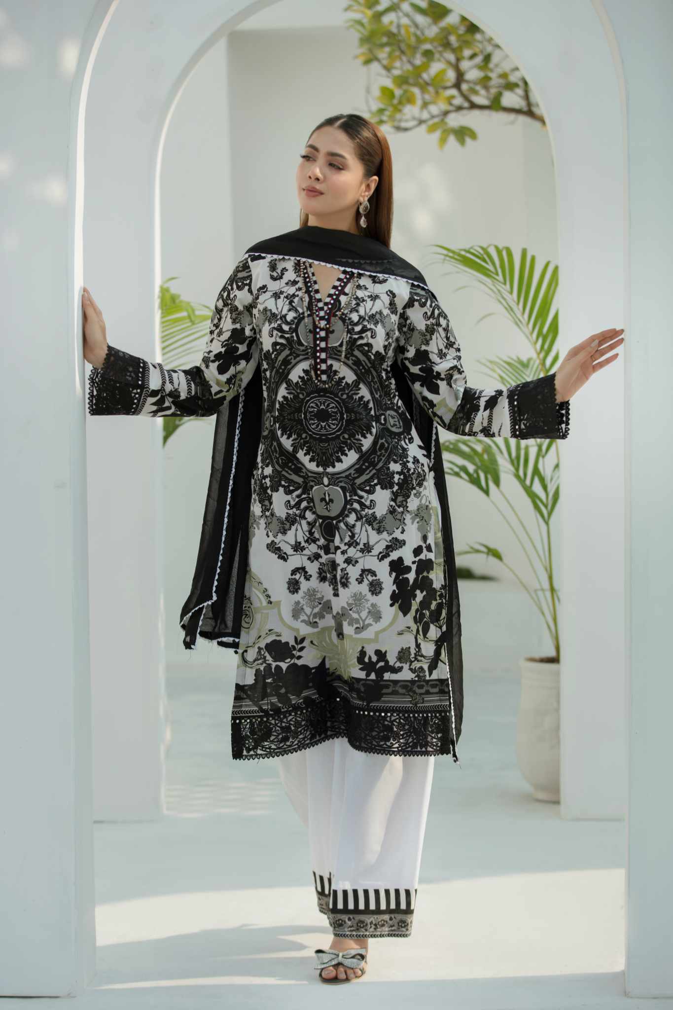 FAIRY 3 Pc Cambric Cotton Embroidered Dress with Chiffon Dupatta - Heera's