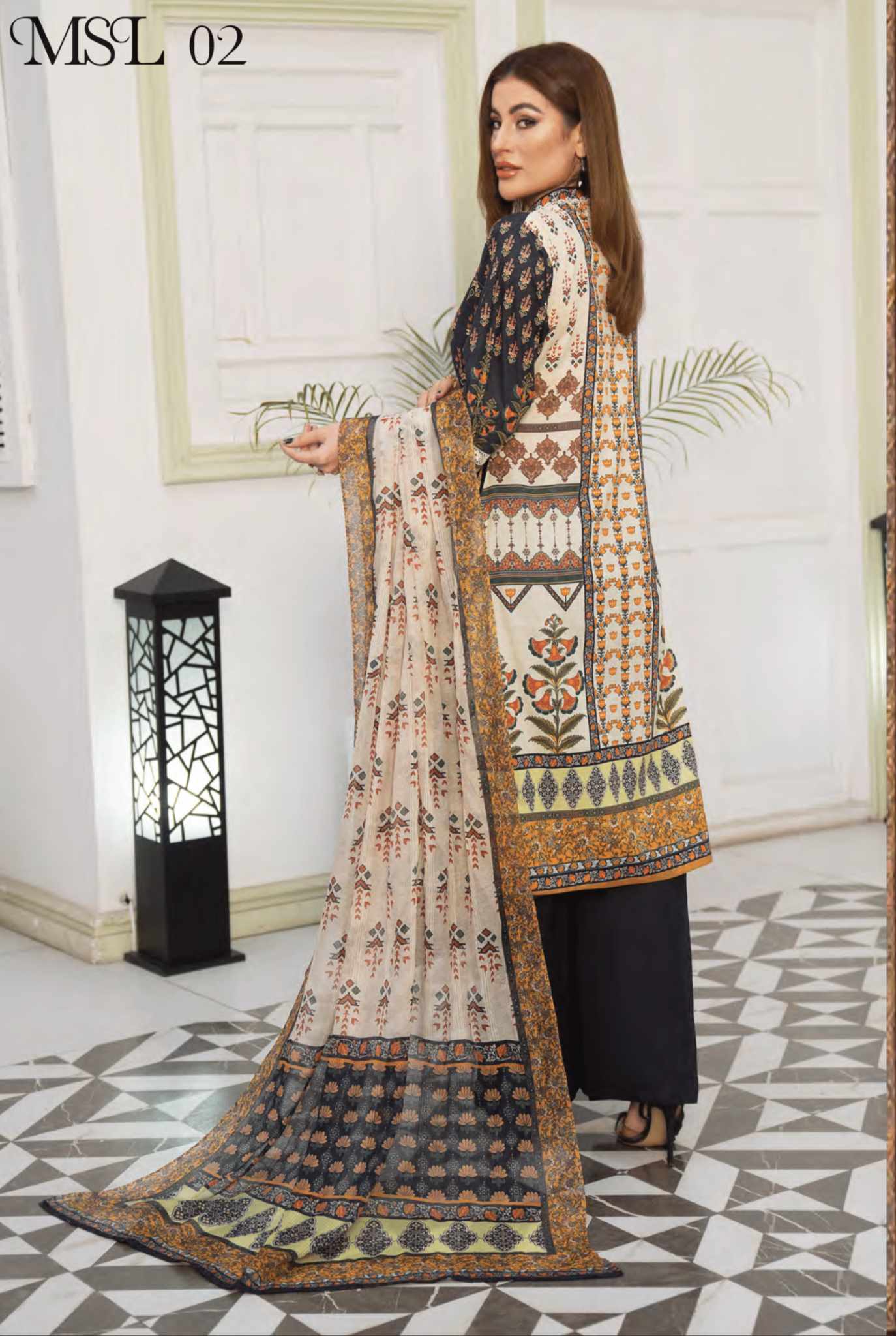 MSL02-3 Pc Digital Printed Embroidered Airjet Lawn Suit - MUNIRA