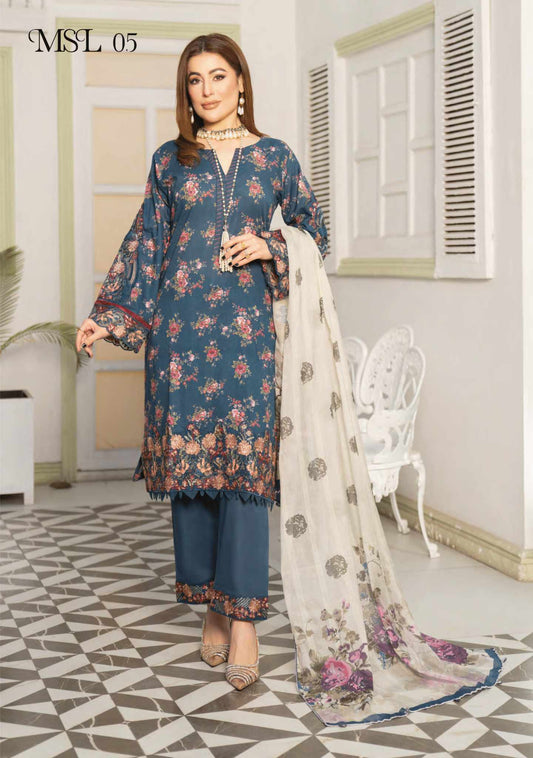 MSL05-3 Pc Digital Printed Embroidered Airjet Lawn Suit - MUNIRA