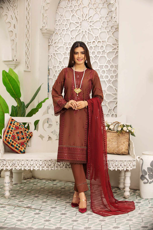 LUSH MAROON 3 Pc Cambric Cotton Embroidered Dress with Chiffon Dupatta - Heera's