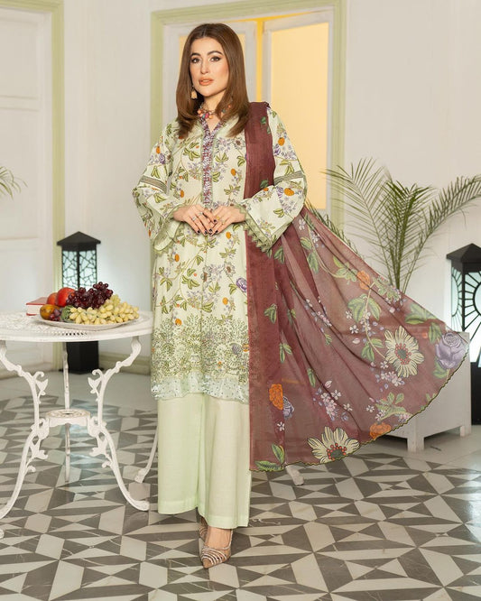 MSL07-3 Pc Digital Printed Embroidered Airjet Lawn Suit - MUNIRA