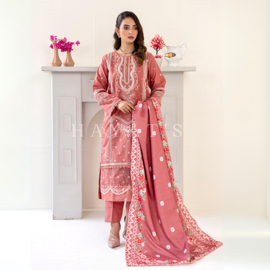 (Light Coral Pink) 3 Pc Embroidered Khaddar Collection with Shawl | Ready to wear| Hayats