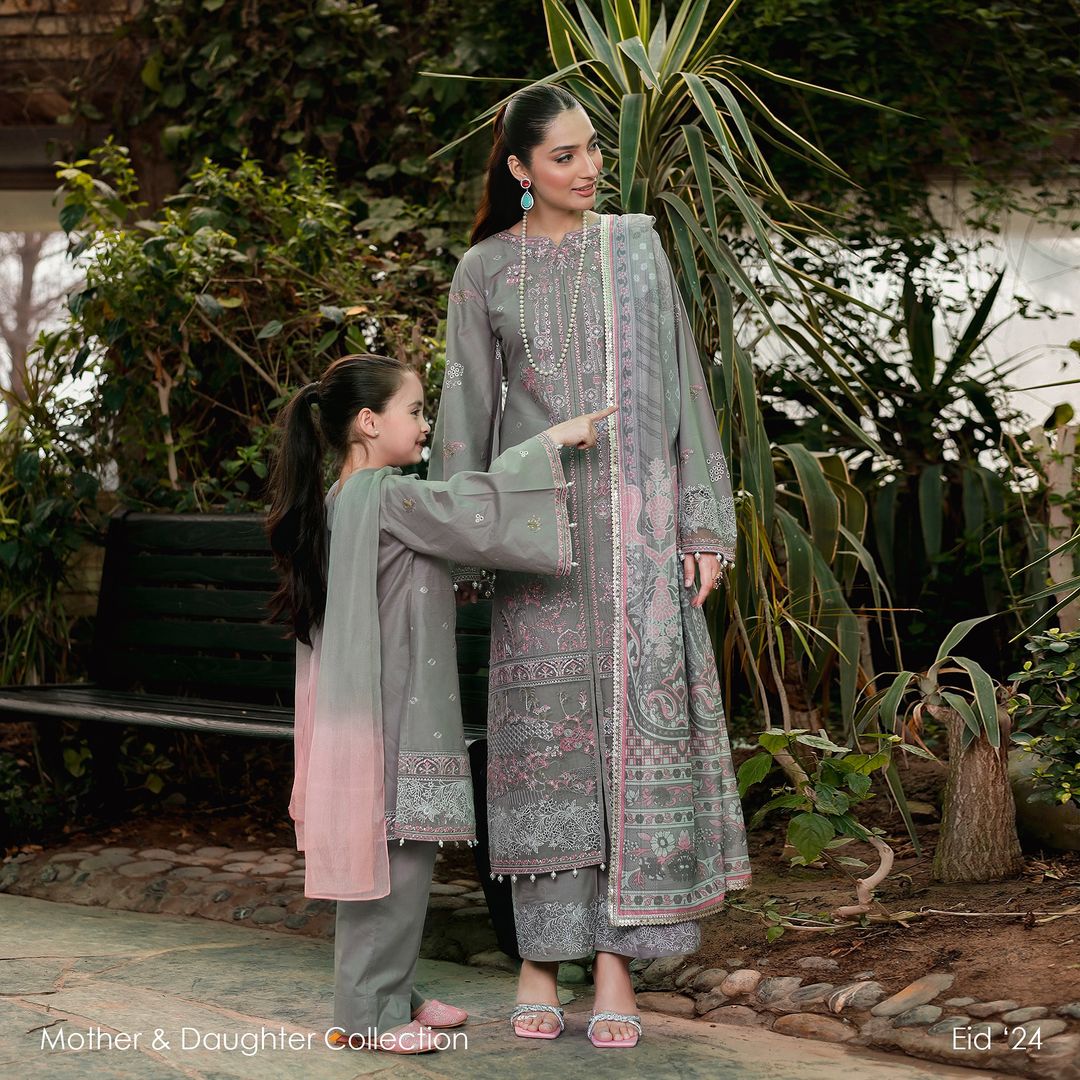 (Grey) 3 Pc Mother & Daughter Luxury Lawn by Simrans