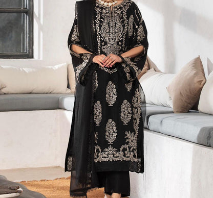 (Black Motif S.N) 3 Pc Embroidered Cambric Cotton Suit-Heera's