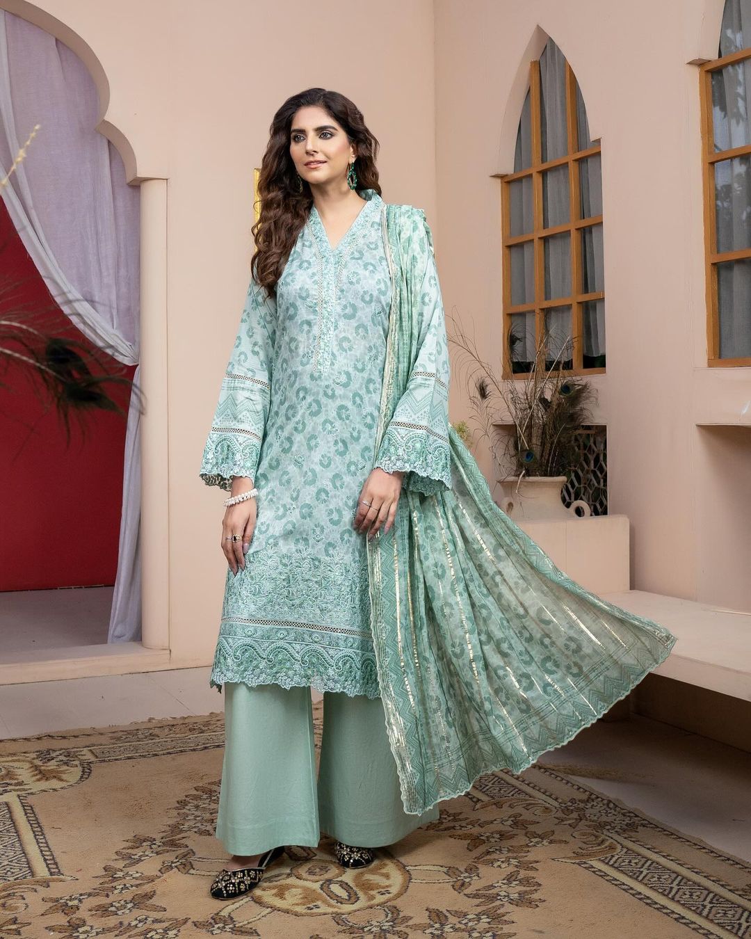 (Sea Green) 3Pc Printed Embroidered Lawn Dress by MUNIRA