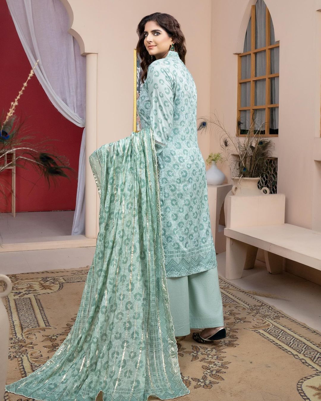 (Sea Green) 3Pc Printed Embroidered Lawn Dress by MUNIRA