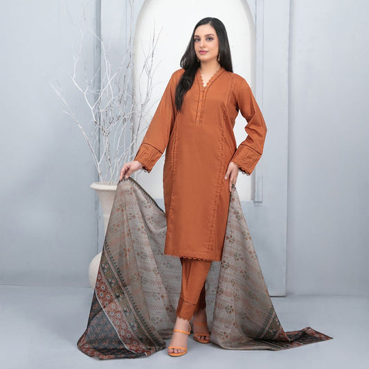 (Orange Salmon) Berna - Stitched Cotton Solids 3 Pc -Tawakkal