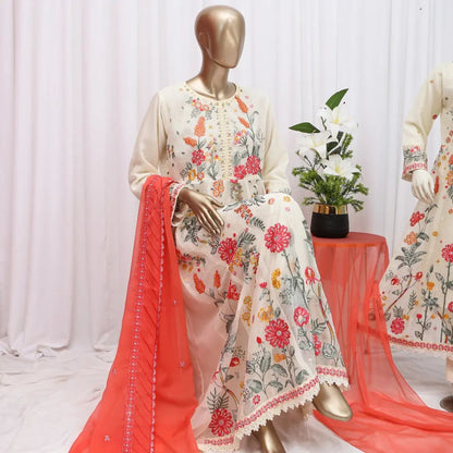 (Cream) 3 Pc Embroidered Chiffon Long (Maxi) -Kirpik