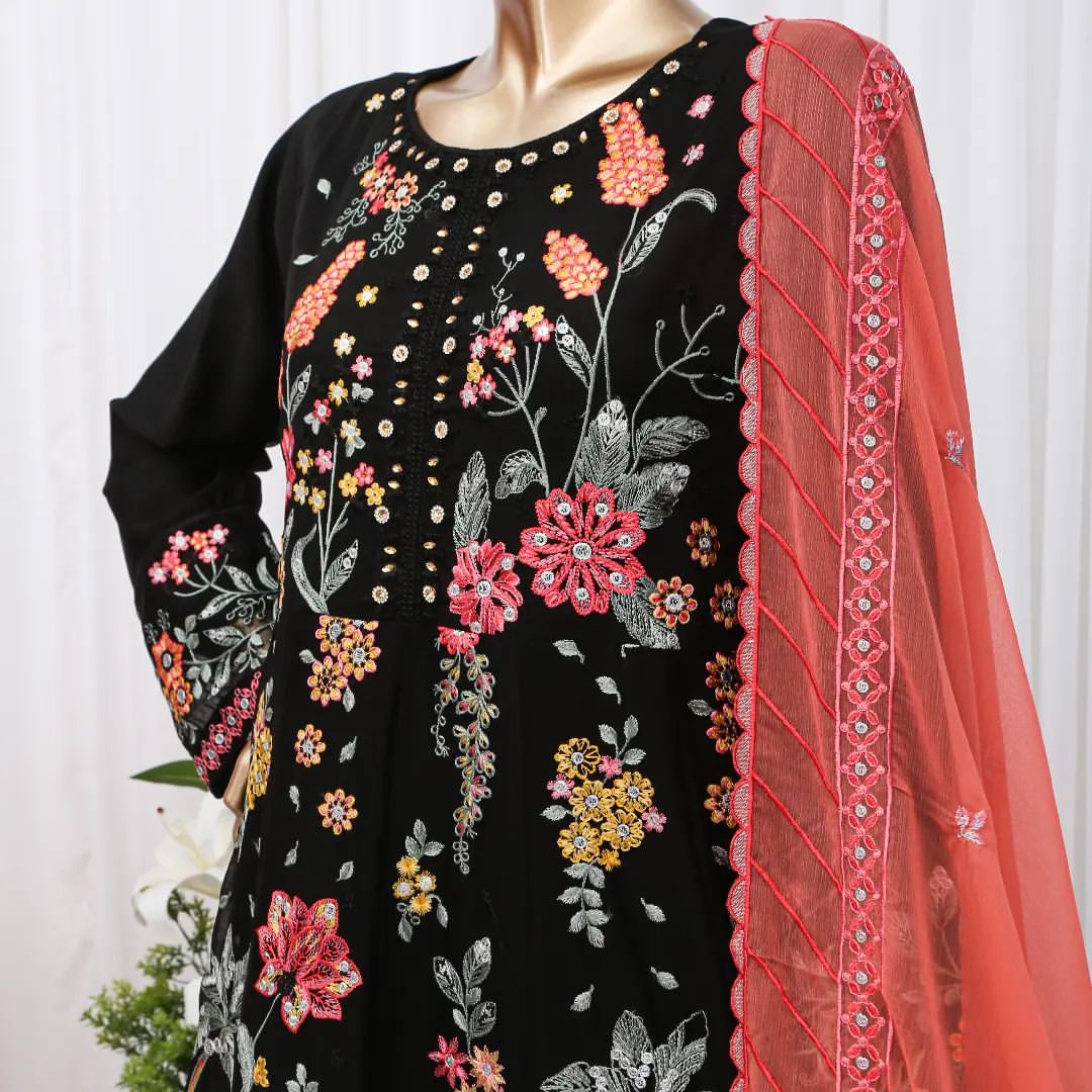 (Black) 3 Pc Embroidered Chiffon Long (Maxi) -Kirpik