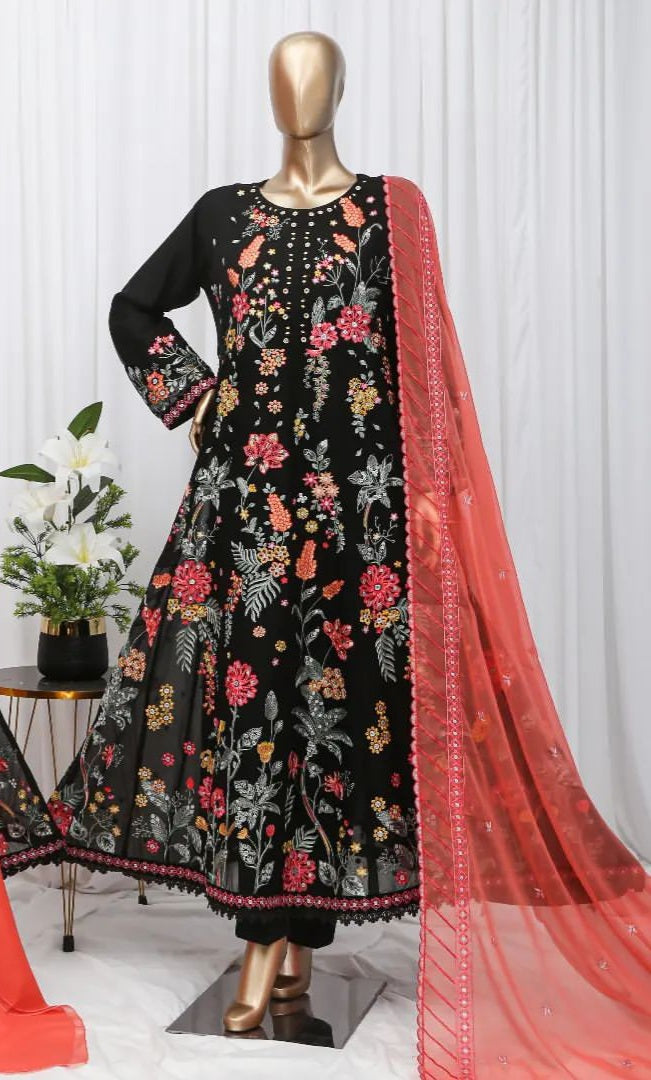 (Black) 3 Pc Embroidered Chiffon Long (Maxi) -Kirpik