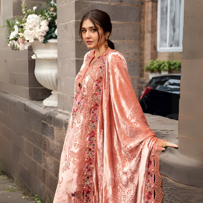 (Peach Pink) Embroidered Luxury Palachi Dress | 3 Pc | Winter Collection | MARIA.B