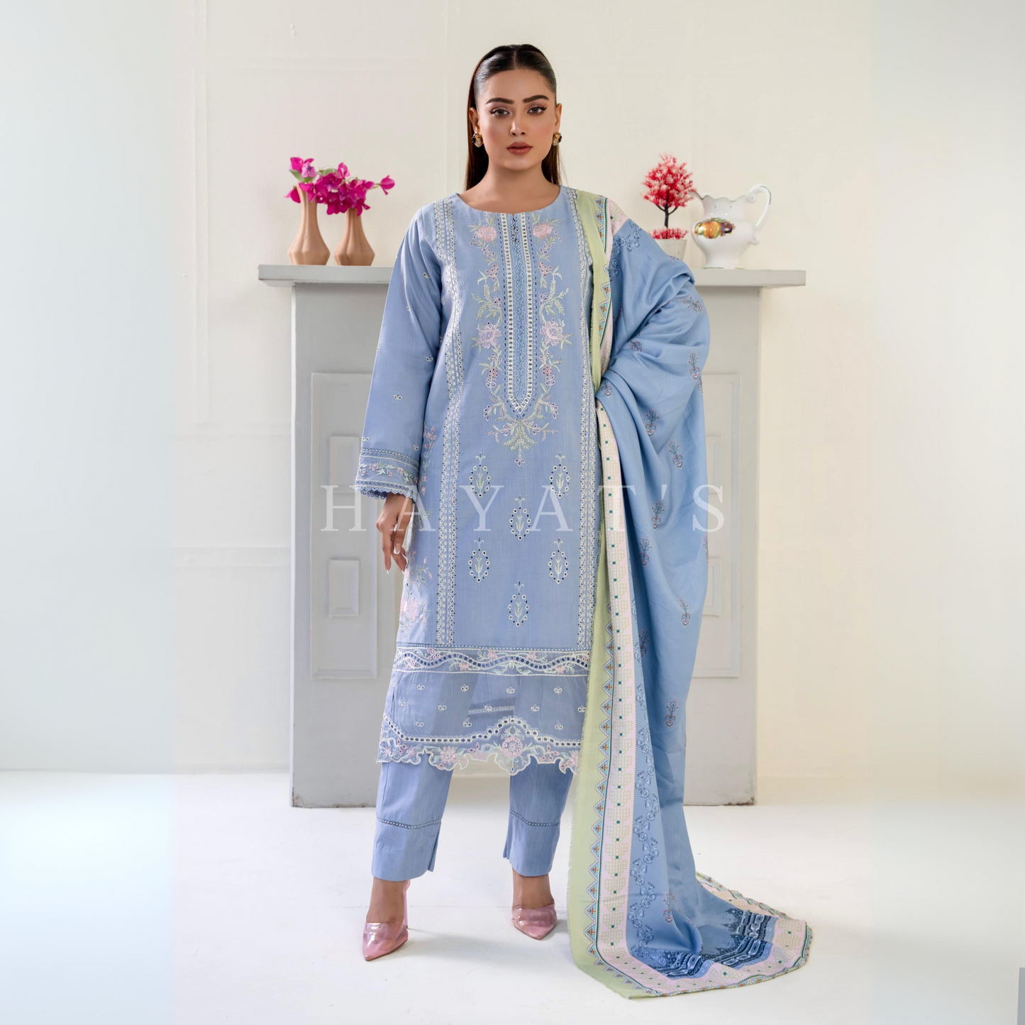 (Sky Blue) 3 Pc Embroidered Khaddar Collection with Shawl | Ready to wear| Hayats