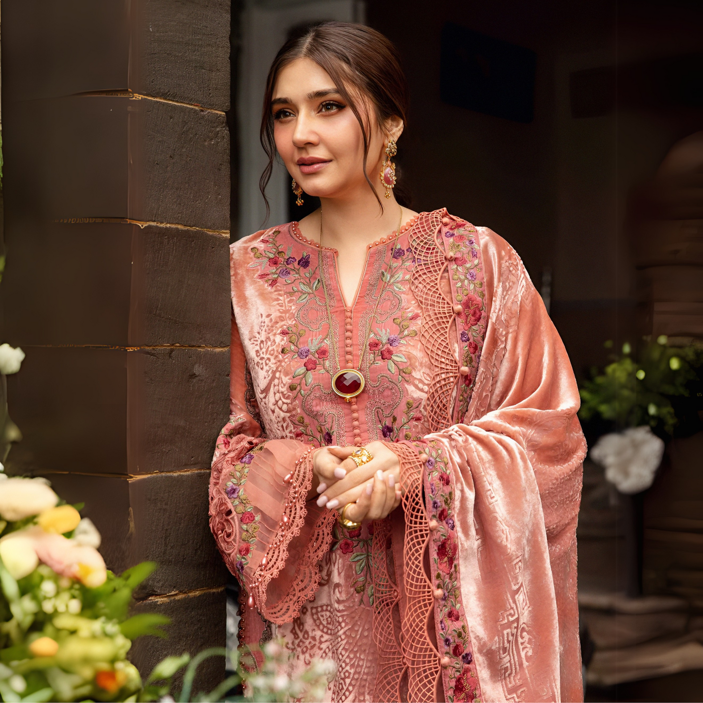 (Peach Pink) Embroidered Luxury Palachi Dress | 3 Pc | Winter Collection | MARIA.B