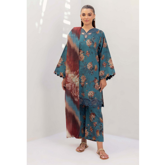 Smalt Blue 3 Pc Printed Khaddar Ready to Wear Dress - Adan's libas