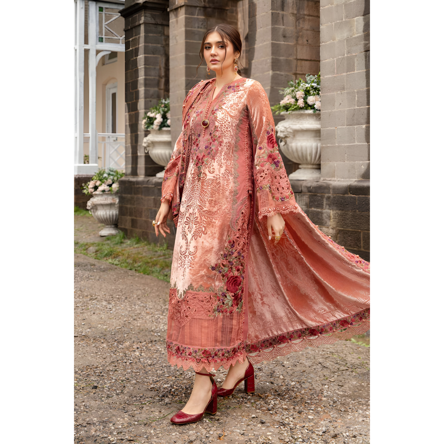 (Peach Pink) Embroidered Luxury Palachi Dress | 3 Pc | Winter Collection | MARIA.B