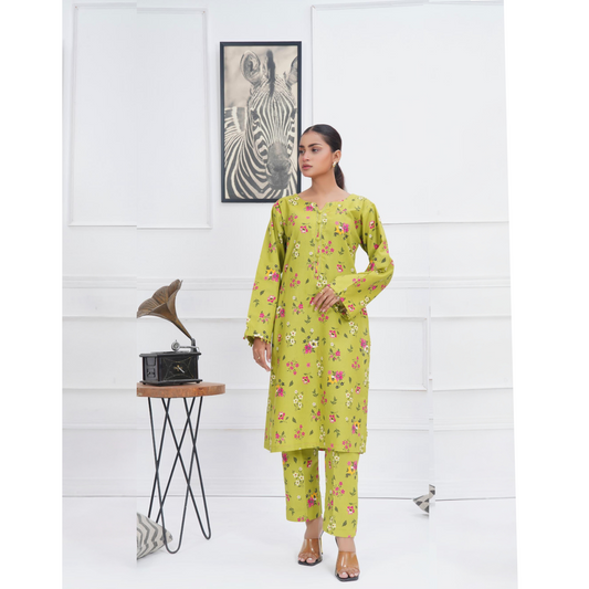 Avocado green 2 Pc floral Printed Khaddar Pakistani Co-Ords Set | Ready to wear| Hayats