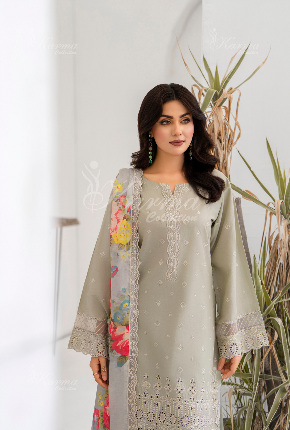 KC- 1387 | Beige | 3 Pc | Chikenkari Cotton Lawn | Karma Collection