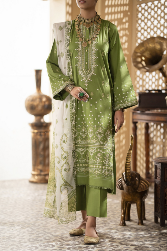 (Green) Embroidered Cotton Lawn 3 Pc Dress - Casuallite