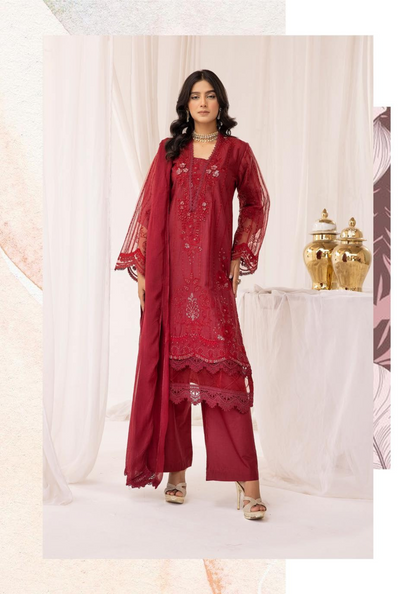 Red Embroidered Chikenkari Lawn 3 Pc Dress |SIMRANS