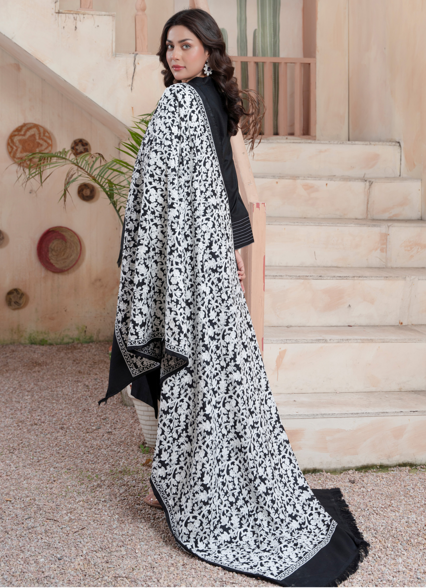 (Black) 3 Pc Dhanak Dress with Embroidered Wool Shawl Dupatta | Winter Wear | RANIYA.H