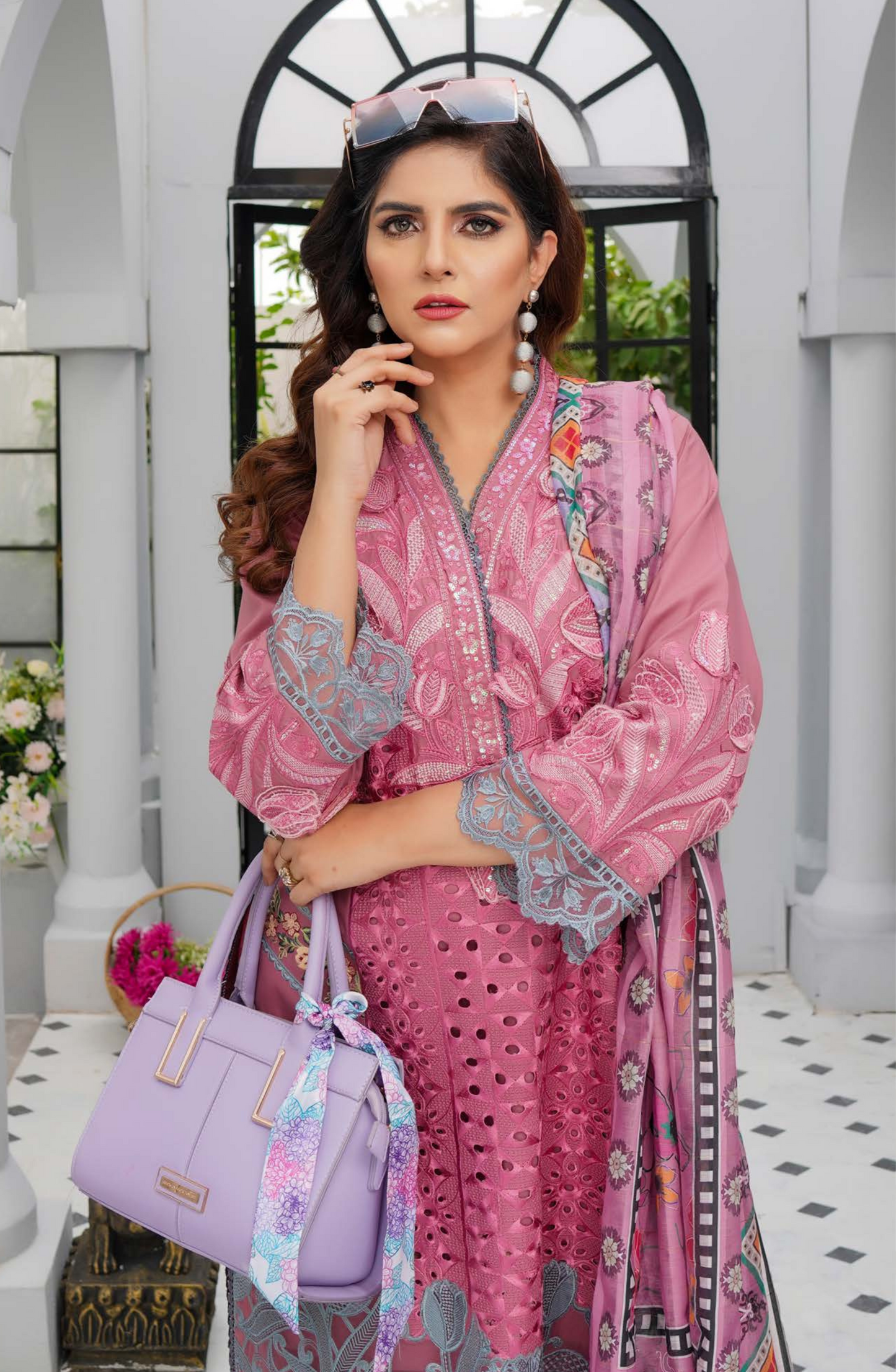 (Pink) Heavy Embroidered Cotton Linen Ready to Wear Dress - MUNIRA