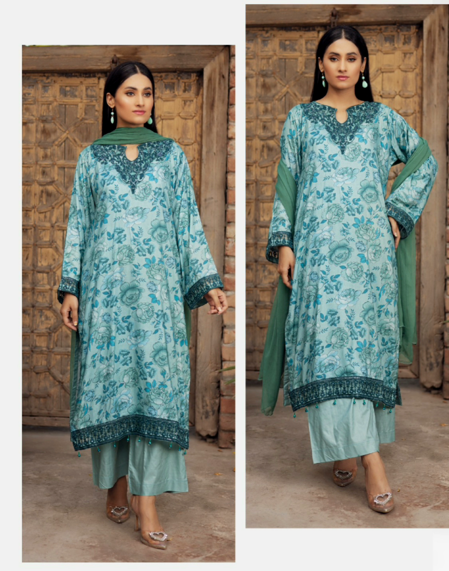 Pale Sea Green | Printed Linen Salwar Kameez With Chiffon Dupatta| Ready to Wear 3 Pc dress - Rangz