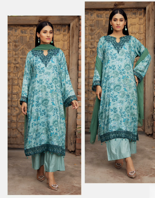 Pale Sea Green | Printed Linen Shalwar Kameez With Chiffon Dupatta| Ready to Wear 3 Pc dress - Rangz