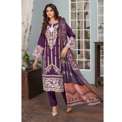 (PLUM) Heavy Embroidered Dhanak Ready to Wear Dress - MUNIRA