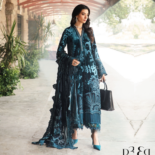 (Teal Blue) Embroidered Luxury Palachi | 3 Pc | Winter Collection | MARIA.B