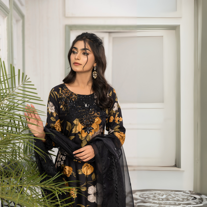 UMS-08 Floral Printed Embroidered Linen | 3 Pc | Ready-to-wear Dress - Simrans