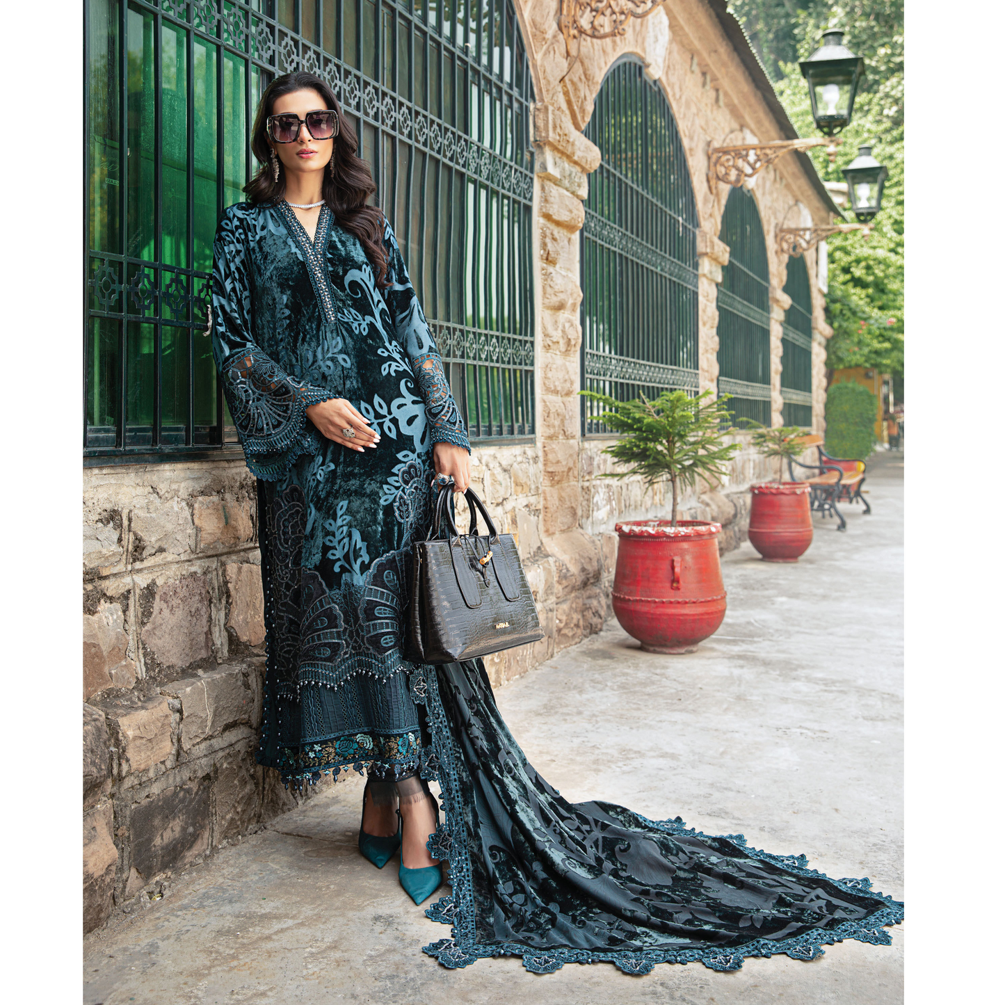 (Teal Blue) Embroidered Luxury Palachi | 3 Pc | Winter Collection | MARIA.B